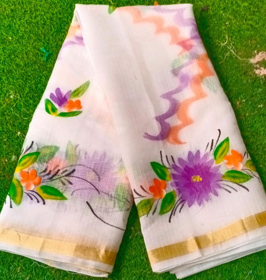 Kota Cotton Hand Brush Print Saree