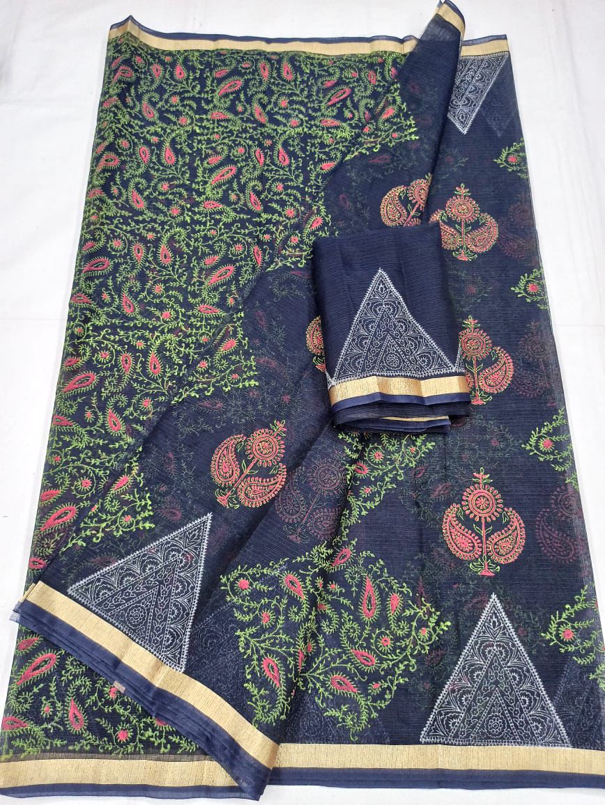 Kota Doria Hand Block Print Saree