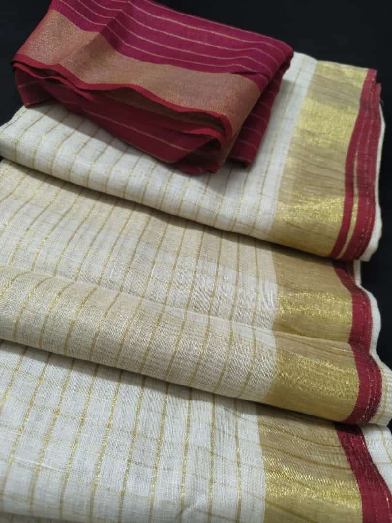 Linen by Linen Saree with Gold Zari Checks