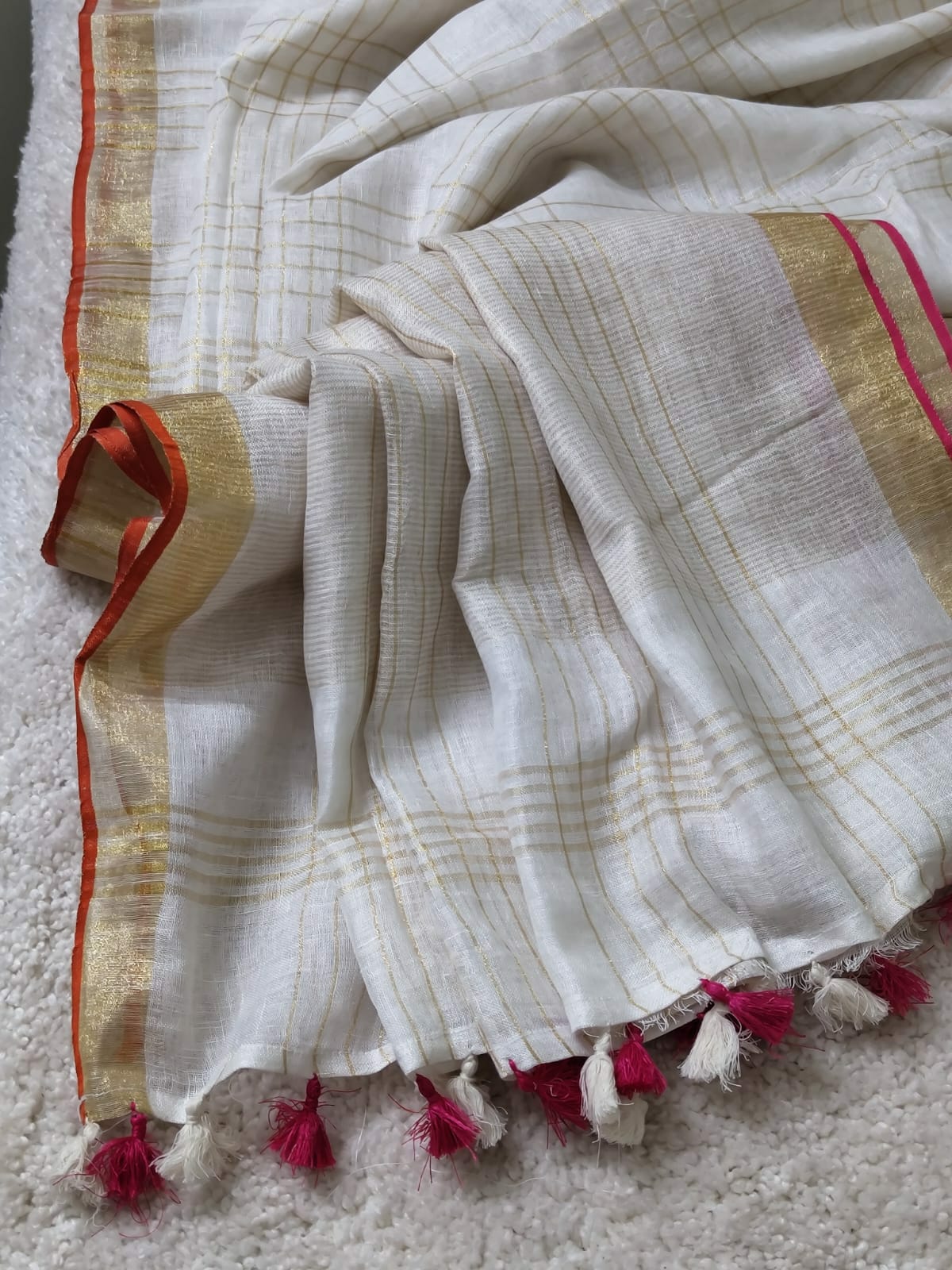 Linen by Linen Saree with Gold Zari Checks