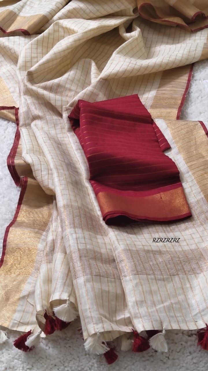 Linen by Linen Saree with Gold Zari Checks