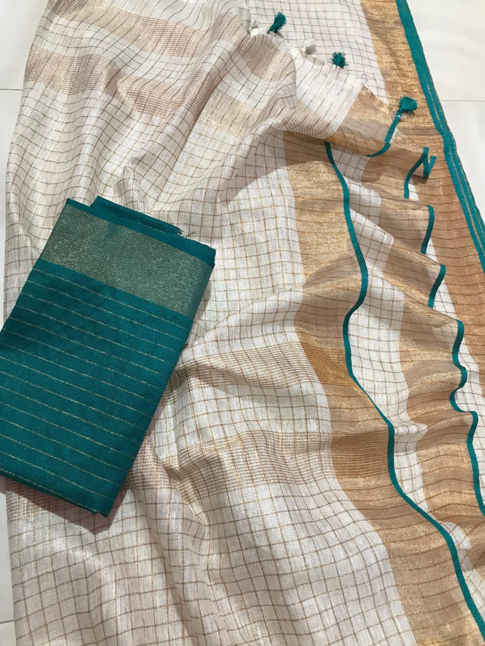 Linen by Linen Saree with Gold Zari Checks
