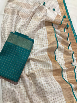 Linen by Linen Saree with Gold Zari Checks