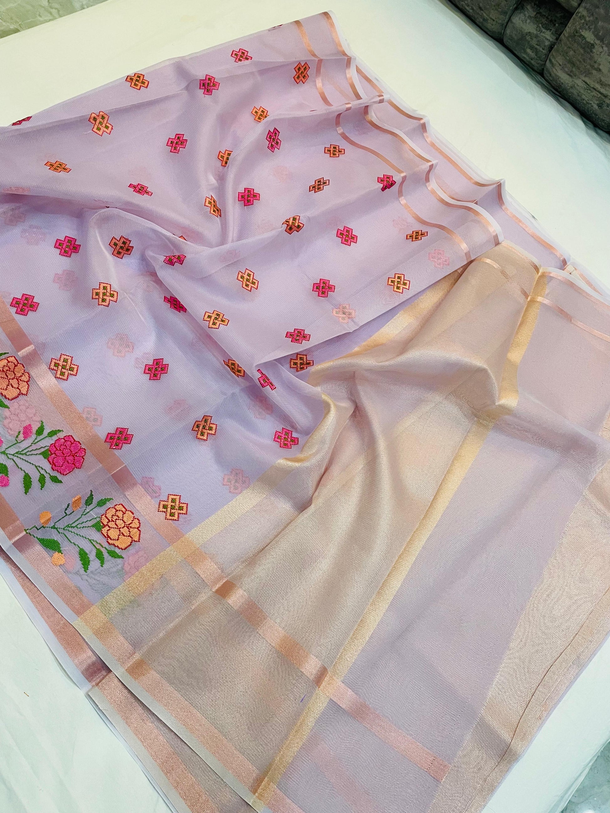 Kota Check Saree with Delicate Embroidery Work