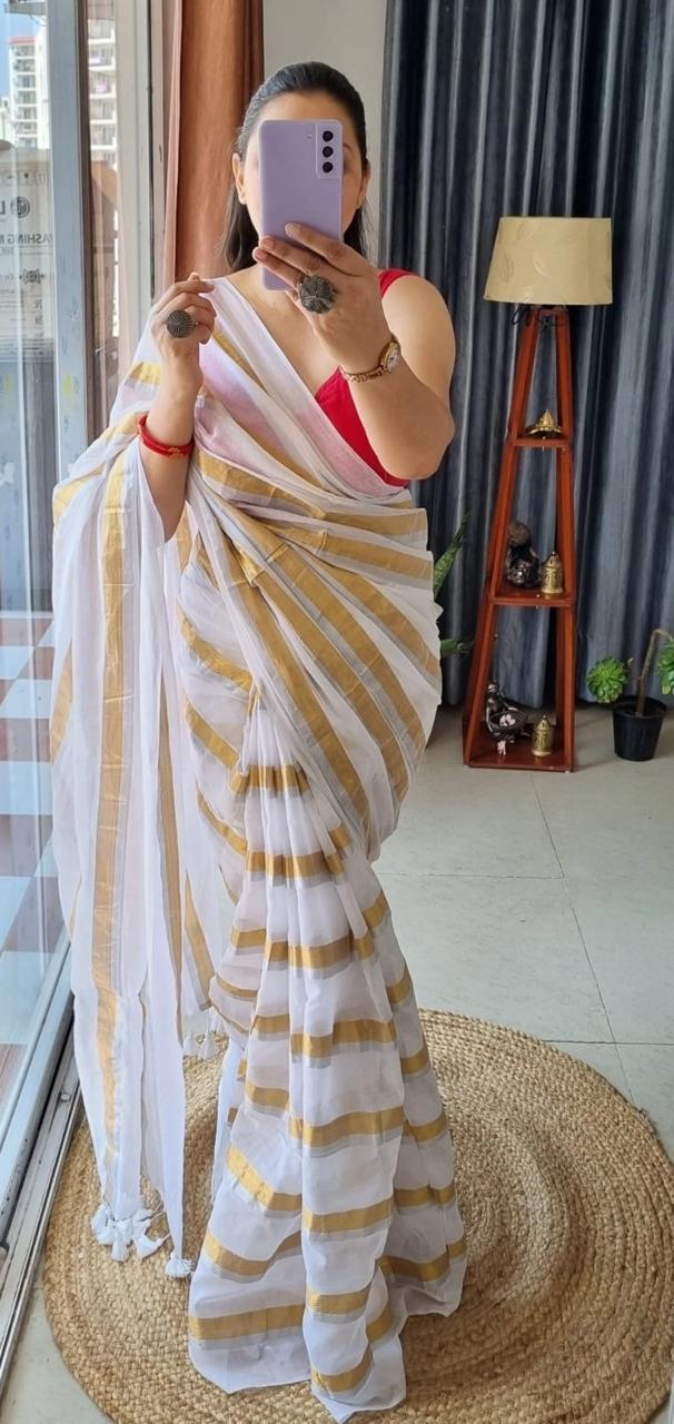 Mulmul Cotton Saree with Golden stripes