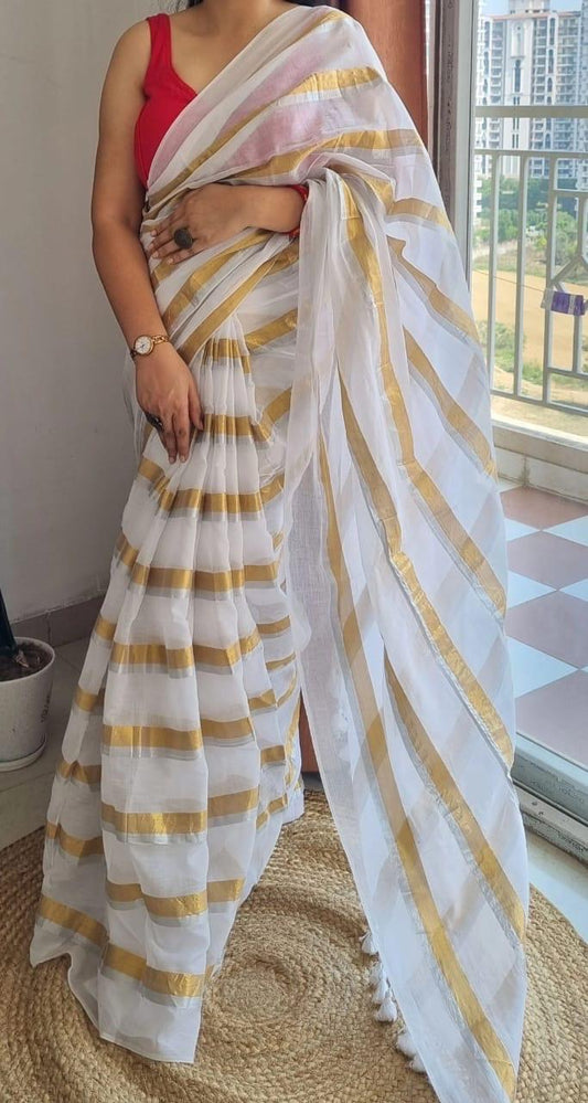 Mulmul Cotton Saree with Golden stripes