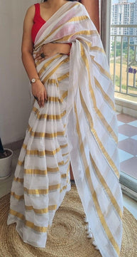 Mulmul Cotton Saree with Golden stripes