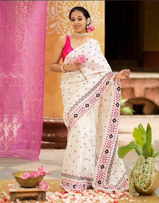 Embroidery Work Malai Cotton Saree