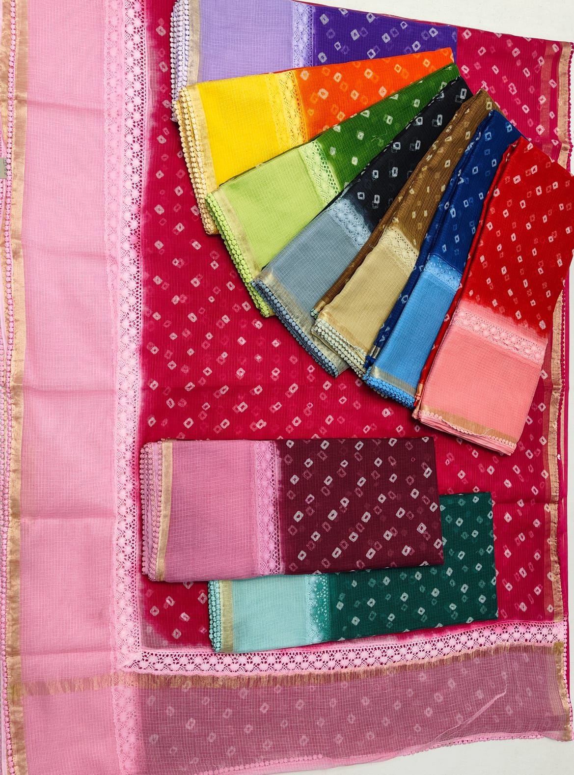 Kota Doria Bandhej Saree with Croatia Lace