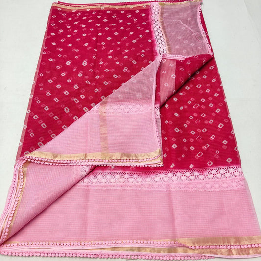 Kota Doria Bandhej Saree with Croatia Lace