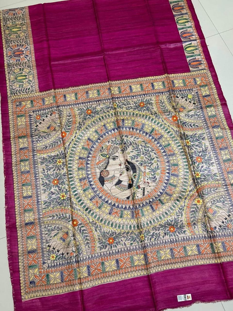 Tussar Ghicha Silk Saree with Hand-Painted Madhubani