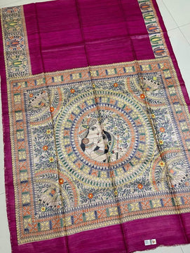 Tussar Ghicha Silk Saree with Hand-Painted Madhubani