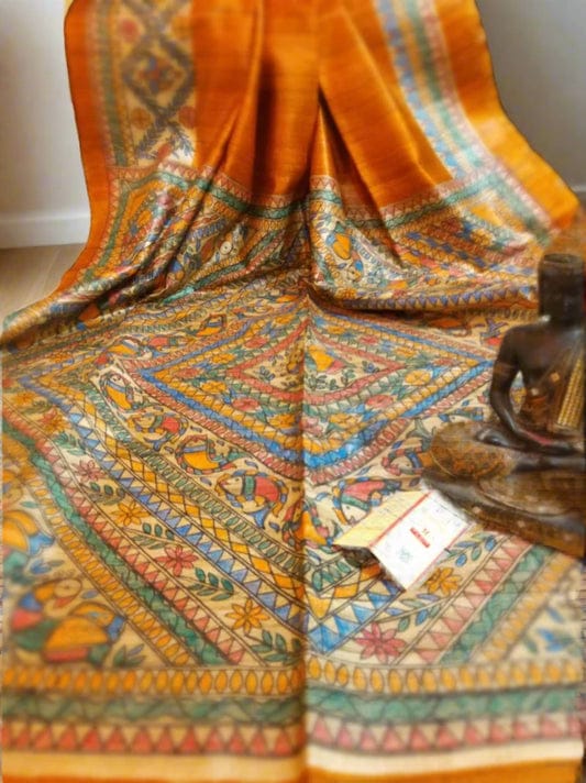 Tussar Ghicha Silk Saree with Hand-Painted Madhubani