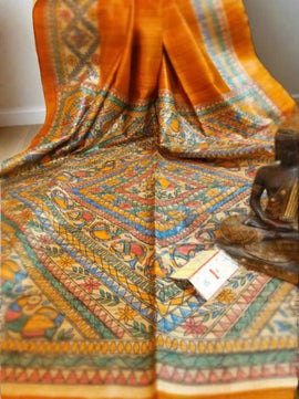 Tussar Ghicha Silk Saree with Hand-Painted Madhubani