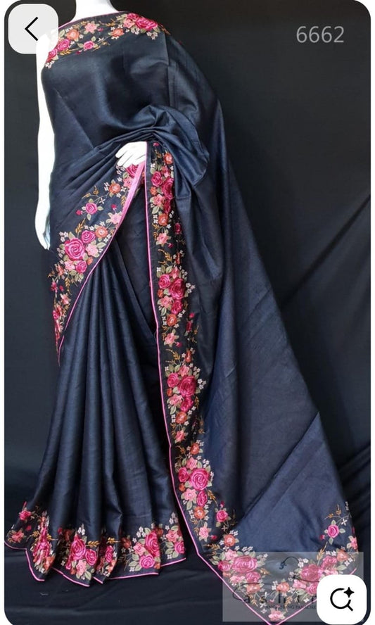 Tussar Munga Silk Embroidery Saree