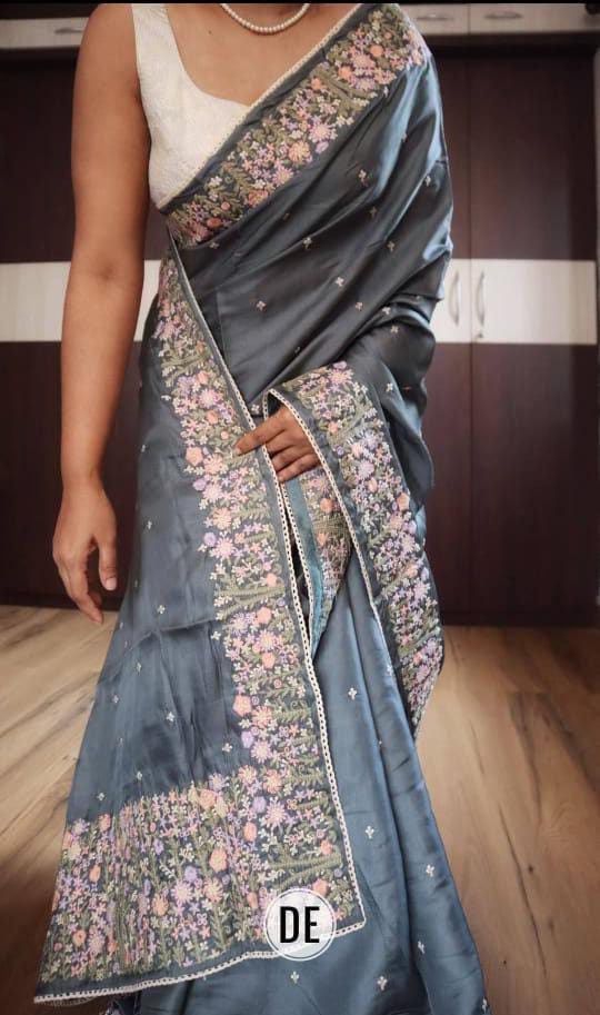 Tussar Munga Silk Embroidery Saree