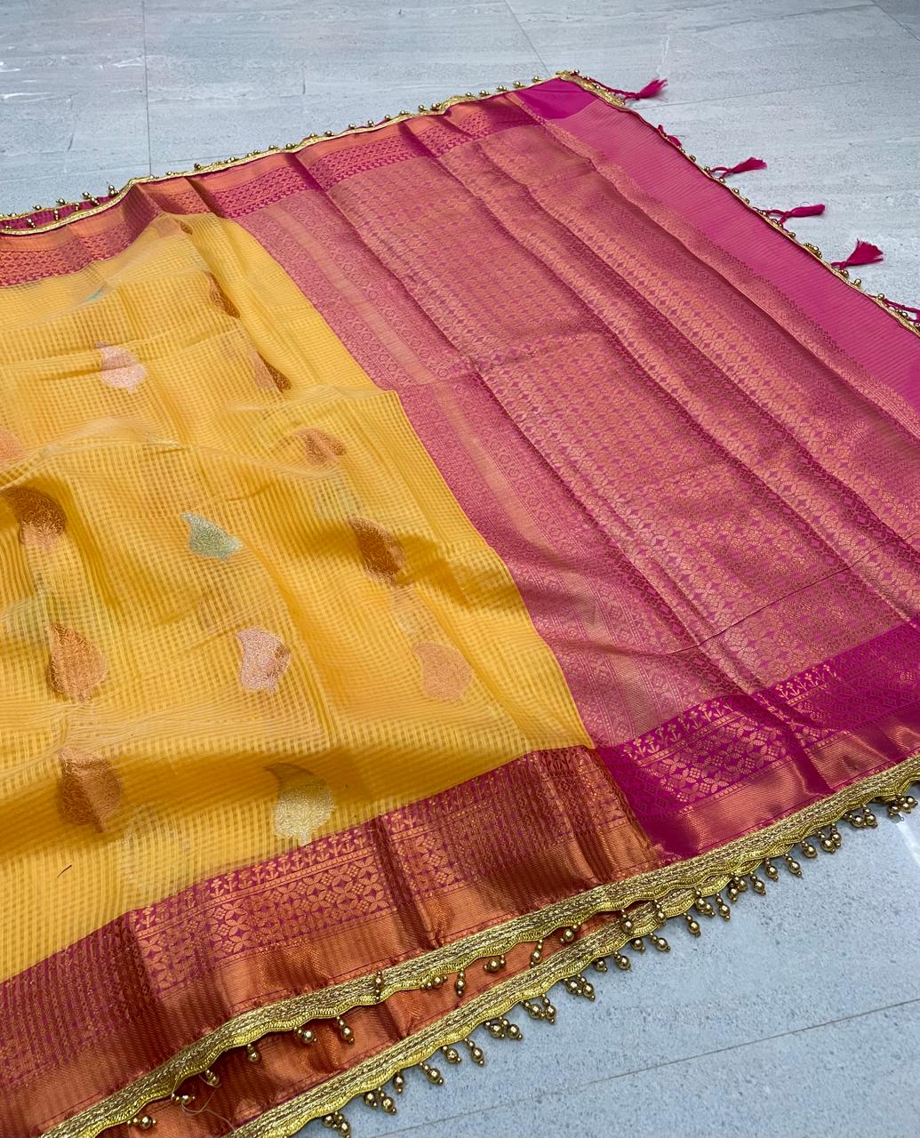 Kota Check Alfi Saree with Lace Work