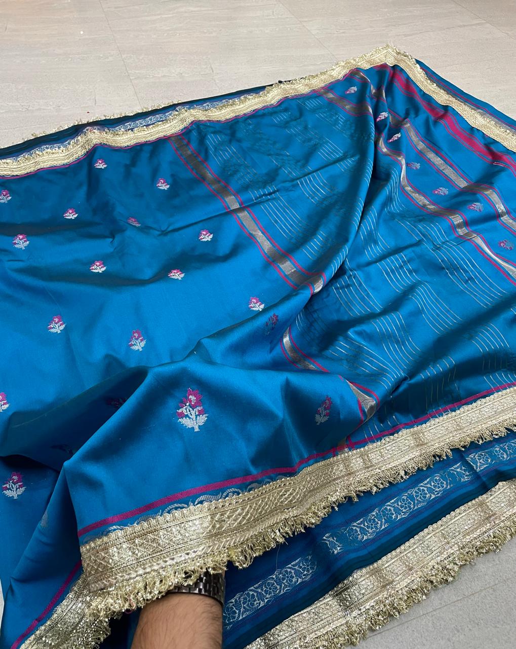 Katan Alfi Buti Saree with Lace Work