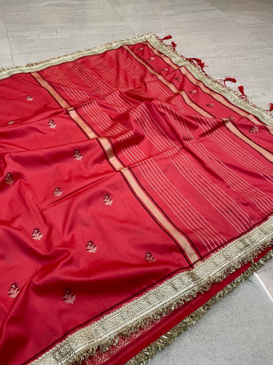 Katan Alfi Buti Saree with Lace Work