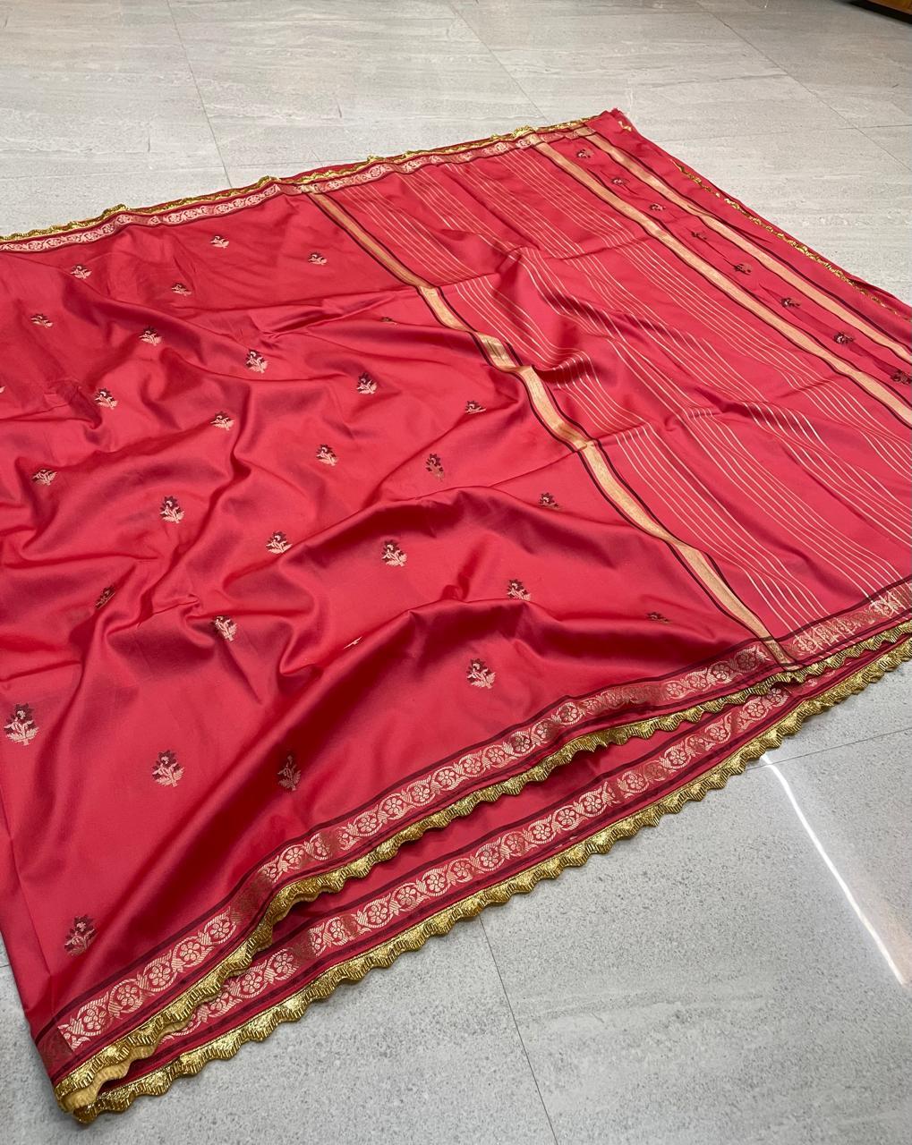 Katan Alfi Buti Saree with Lace Work