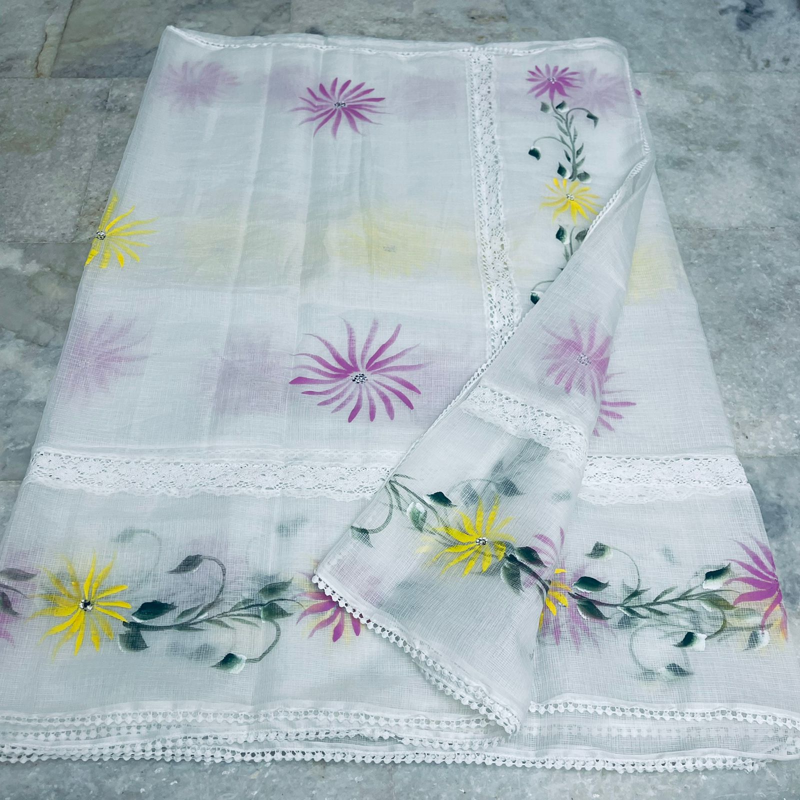 Kota Doria Crochet Lace Saree with Hand Painting