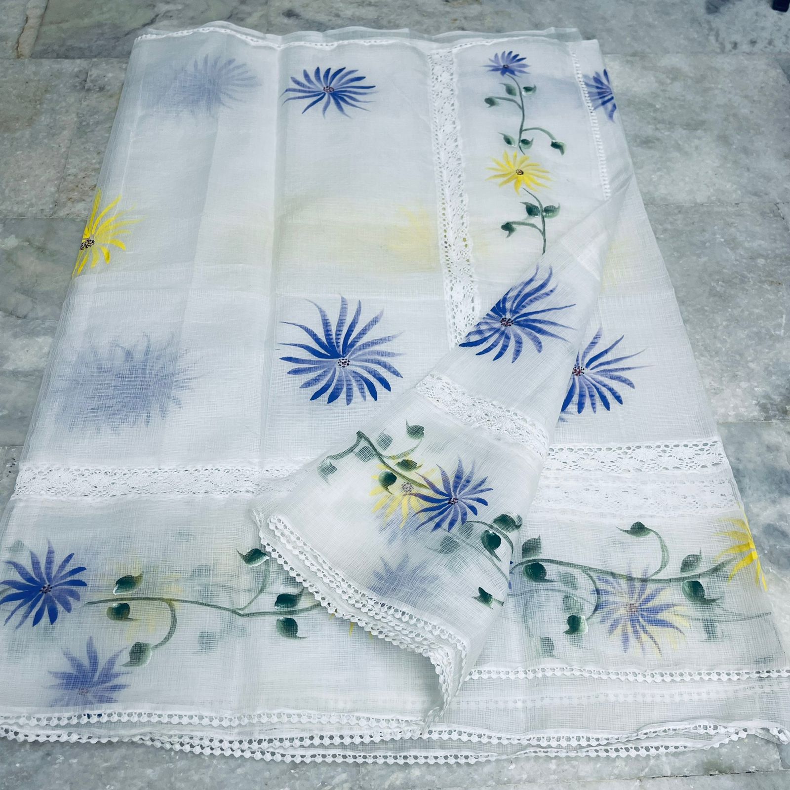 Kota Doria Crochet Lace Saree with Hand Painting