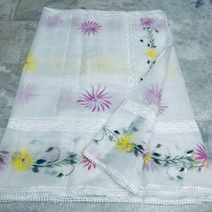 Kota Doria Crochet Lace Saree with Hand Painting