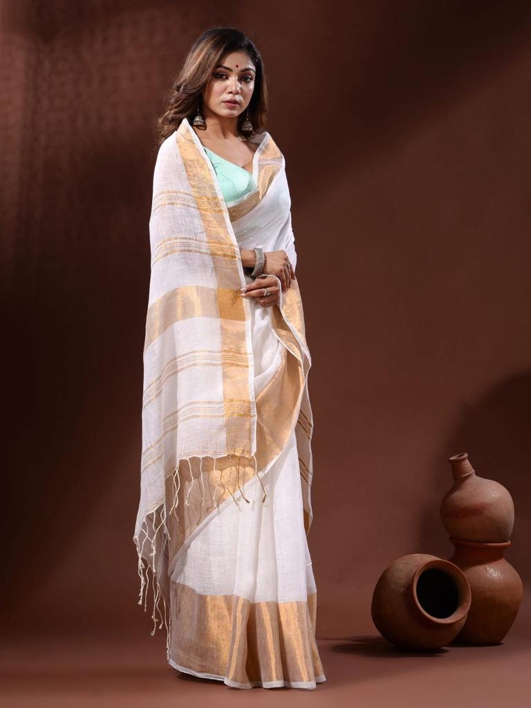 Linen Saree with Copper Zari Border