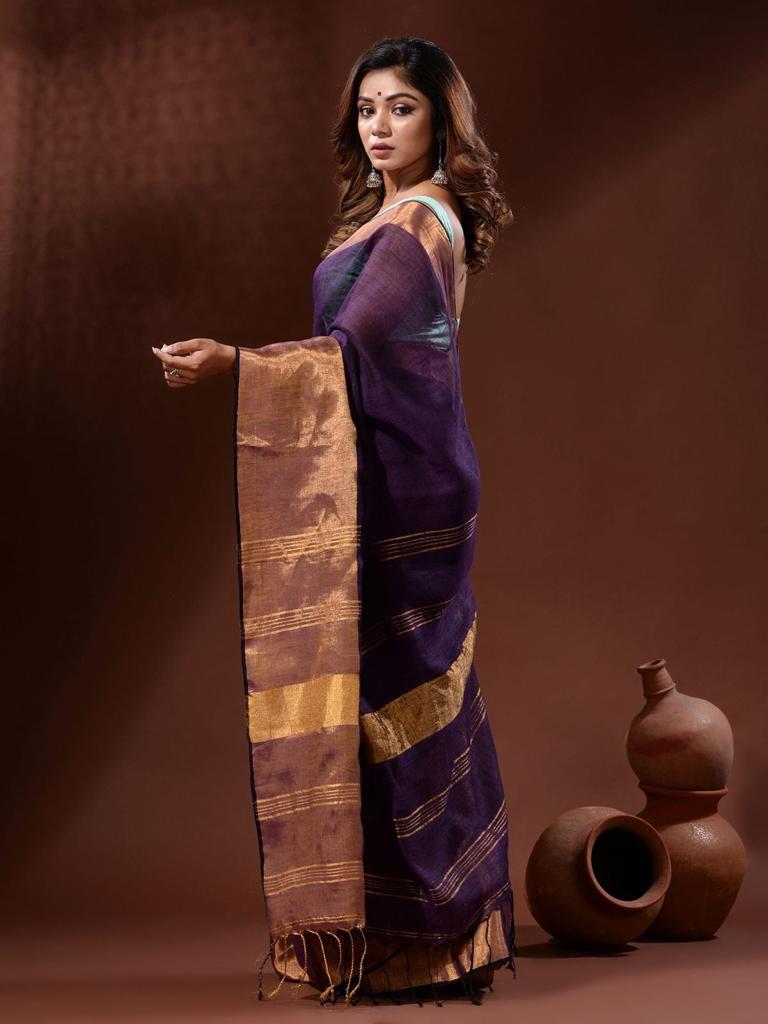 Linen Saree with Copper Zari Border