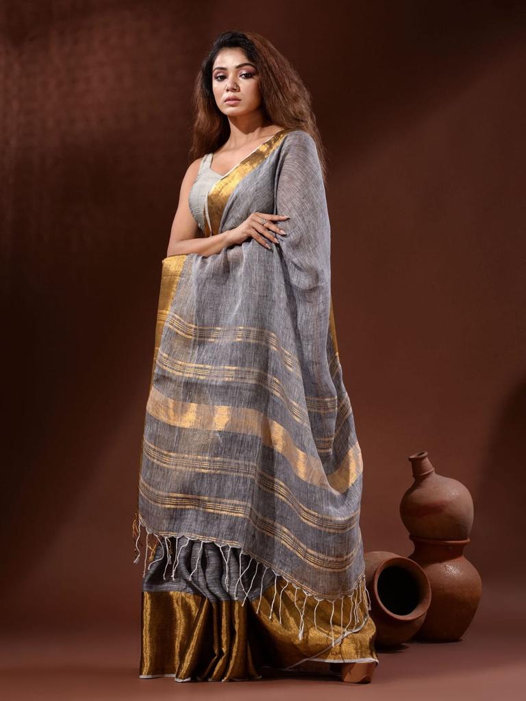 Linen Saree with Copper Zari Border