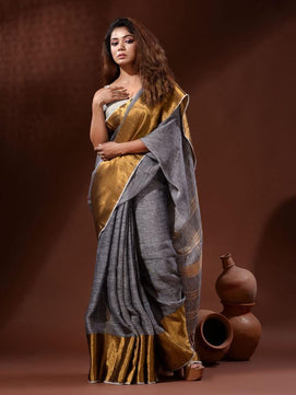 Linen Saree with Copper Zari Border