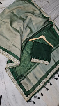 Tissue Saree with Mirror Lace Work
