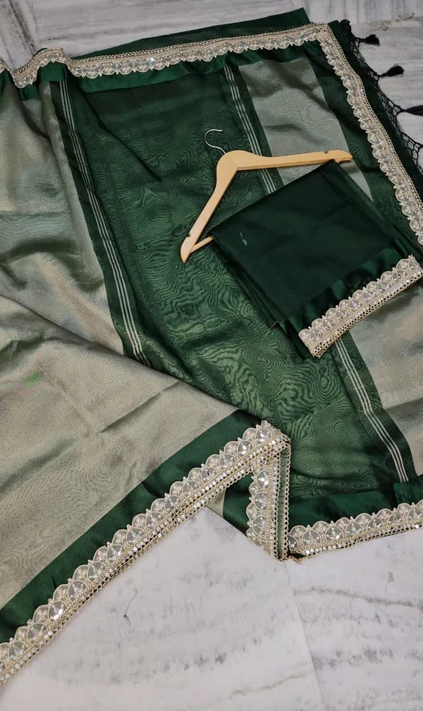 Tissue Saree with Mirror Lace Work