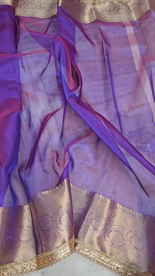 Tissue Saree with Mirror Lace Work