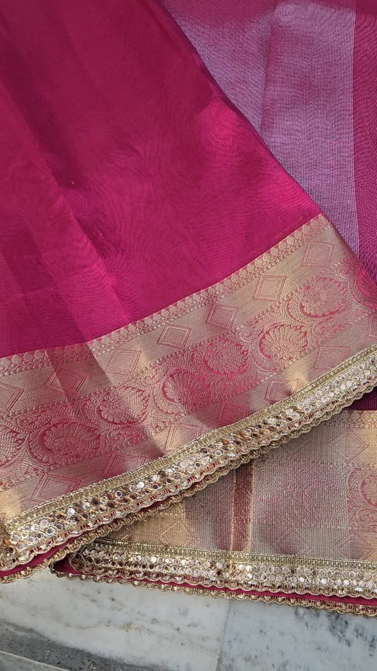 Tissue Saree with Mirror Lace Work