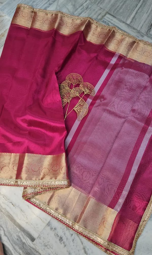 Tissue Saree with Mirror Lace Work