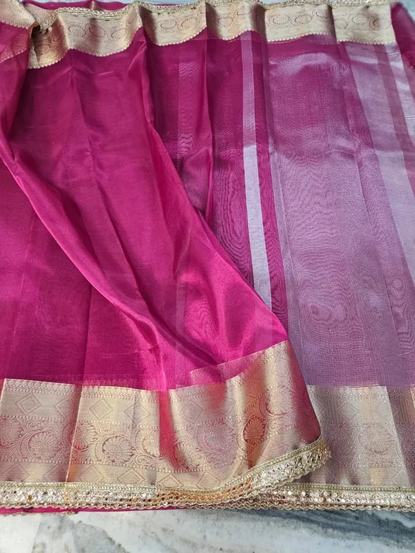 Tissue Saree with Mirror Lace Work