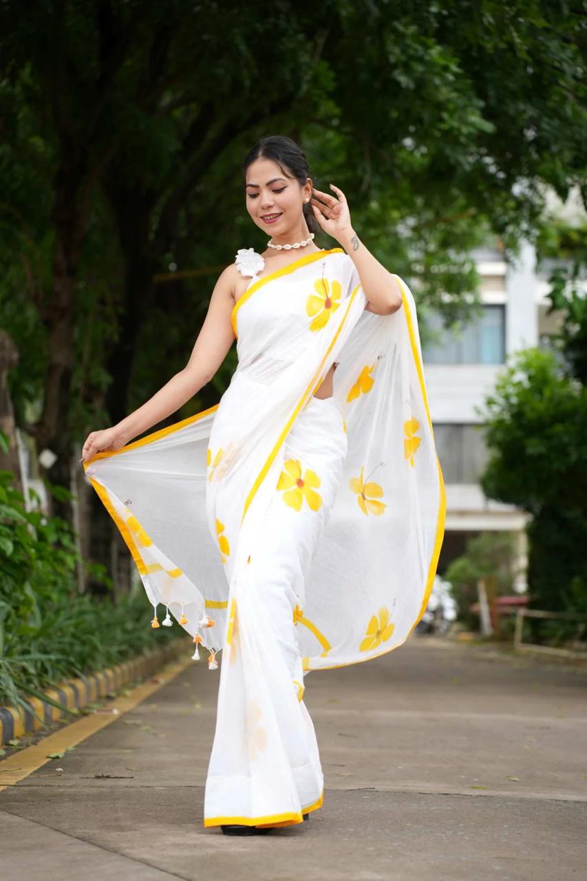 Mulmul Cotton Saree with Hand Painting