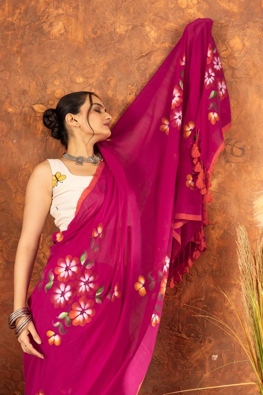 Mulmul Cotton Saree with Hand Painting