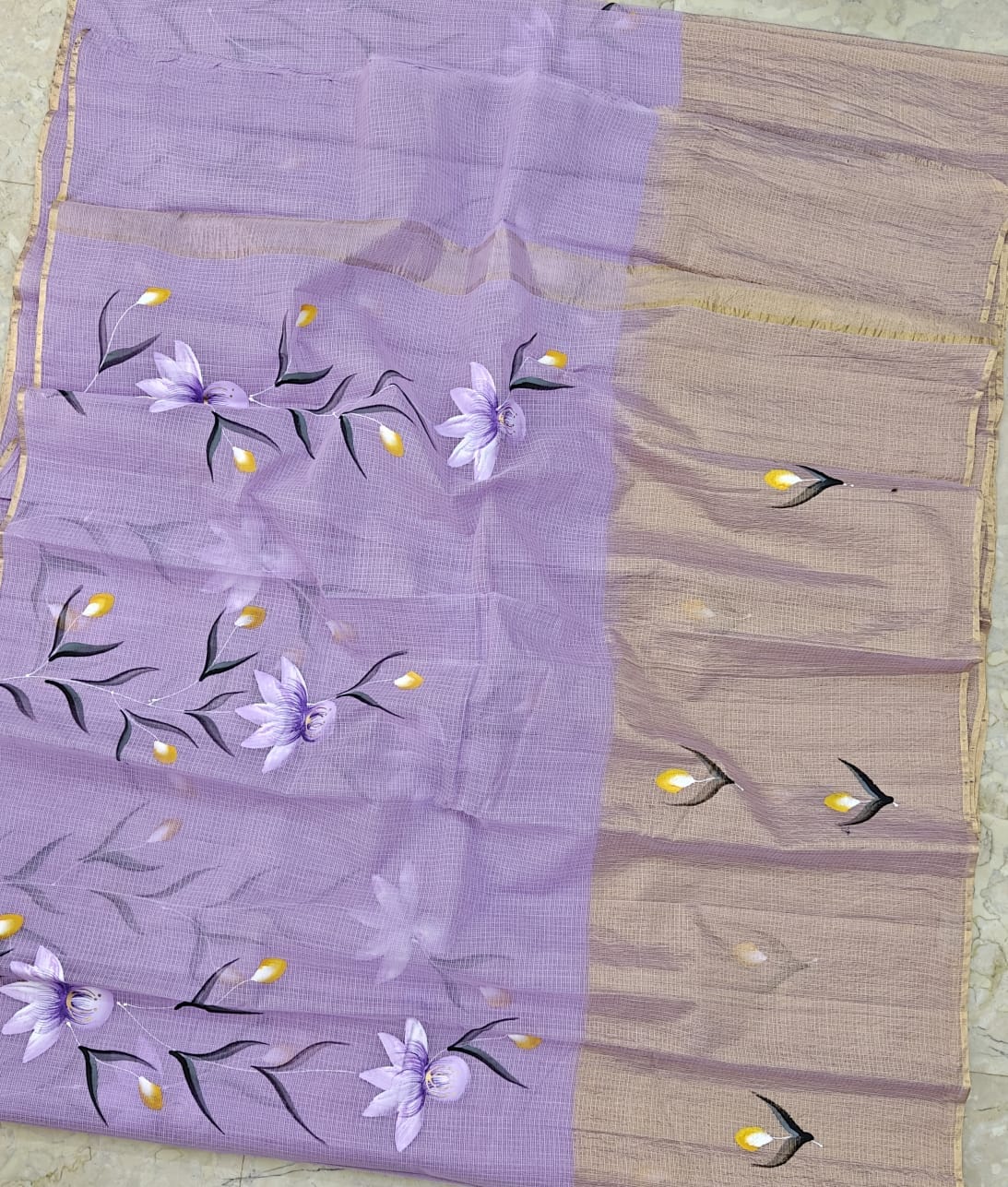Pure Cotton Kota Half Tissue Hand Brush Paint Saree
