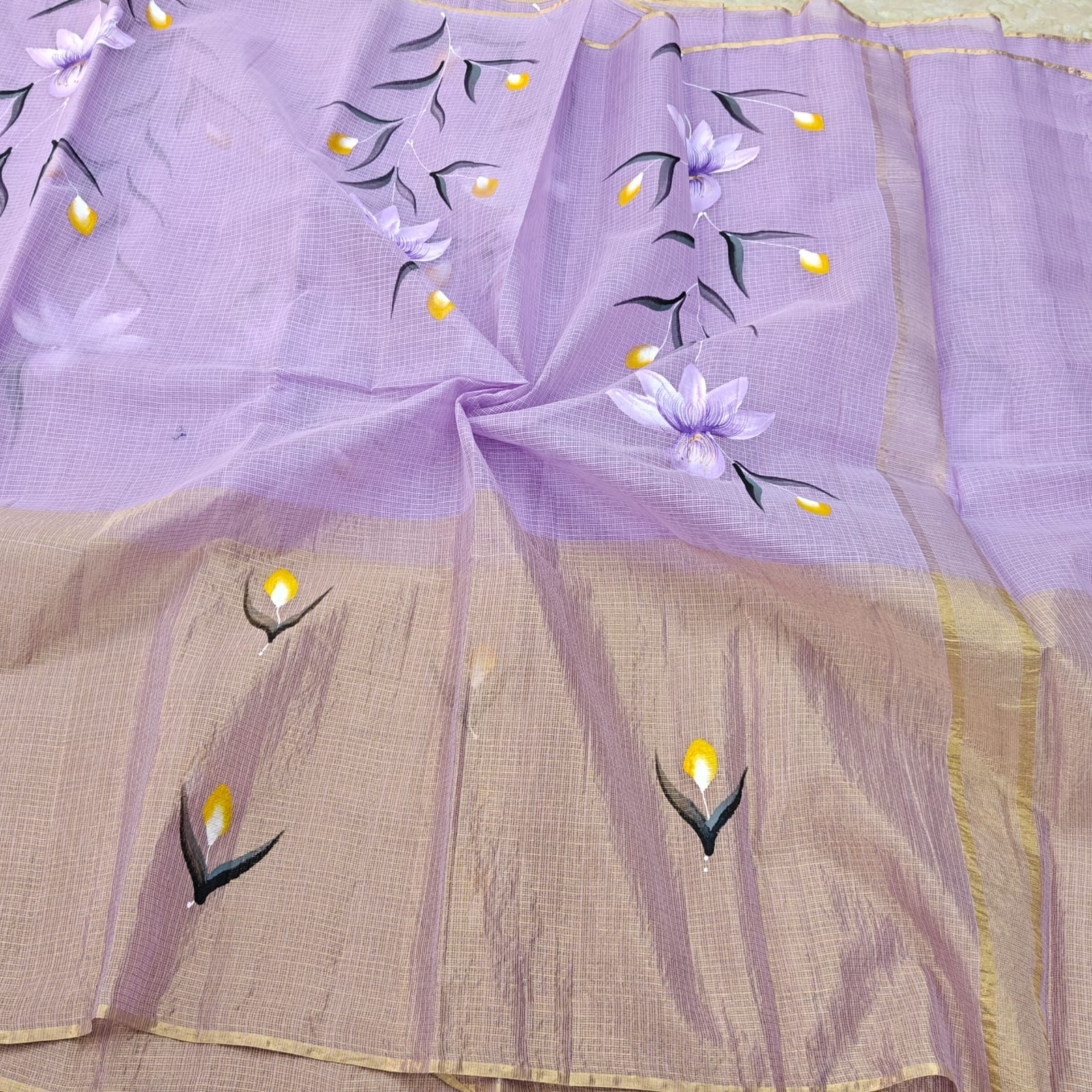 Pure Cotton Kota Half Tissue Hand Brush Paint Saree
