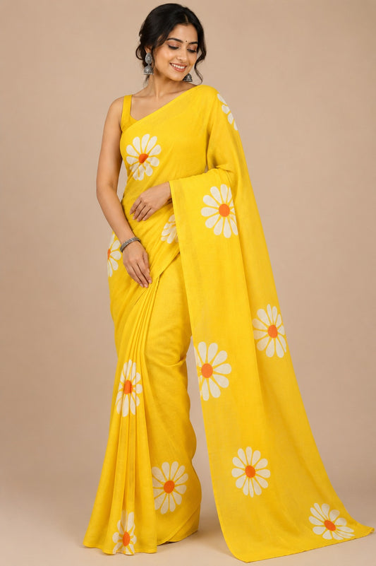 Cotton Saree with Hand-Painted Floral Design