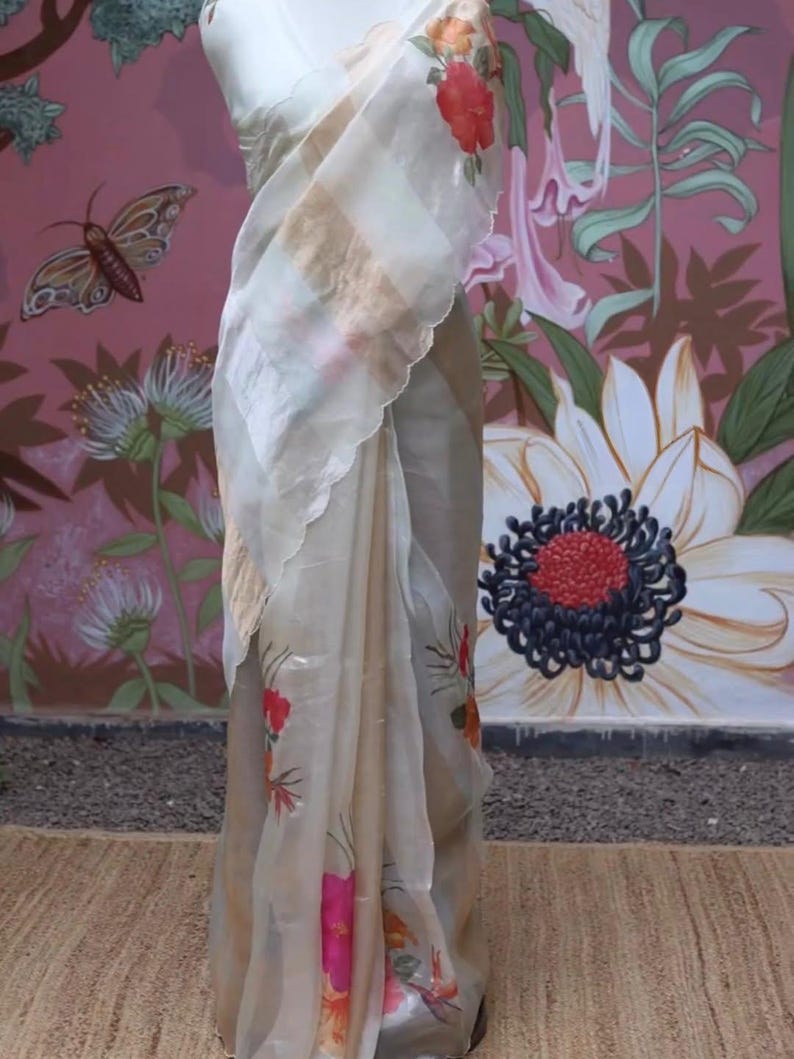 Tissue Crush & Organza Hand Brush Saree