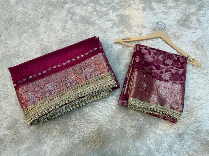 Bridal Tissue Saree with Lace & Stone Work