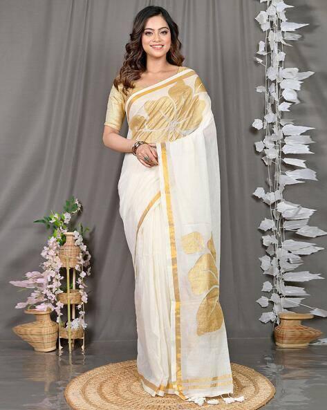 White & Golden Mulmul Cotton Saree