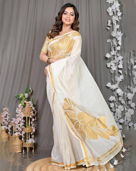 White & Golden Mulmul Cotton Saree