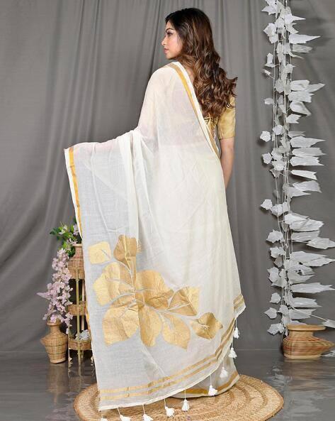 White & Golden Mulmul Cotton Saree