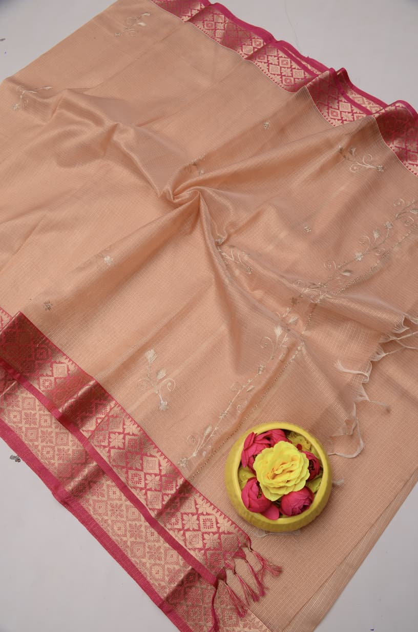 Kota Doria Semi Silk Hand Pittan Work Saree