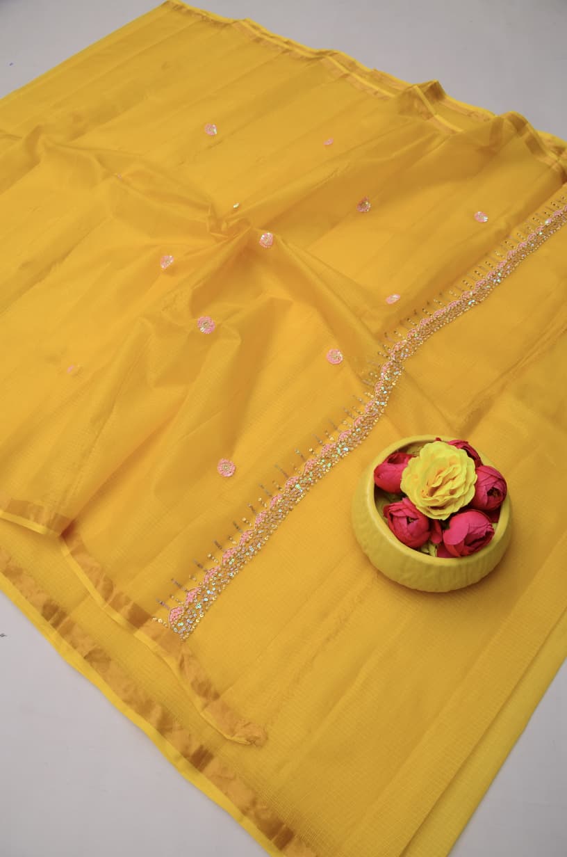 Pure Silk Kota Doria Hand Work Saree