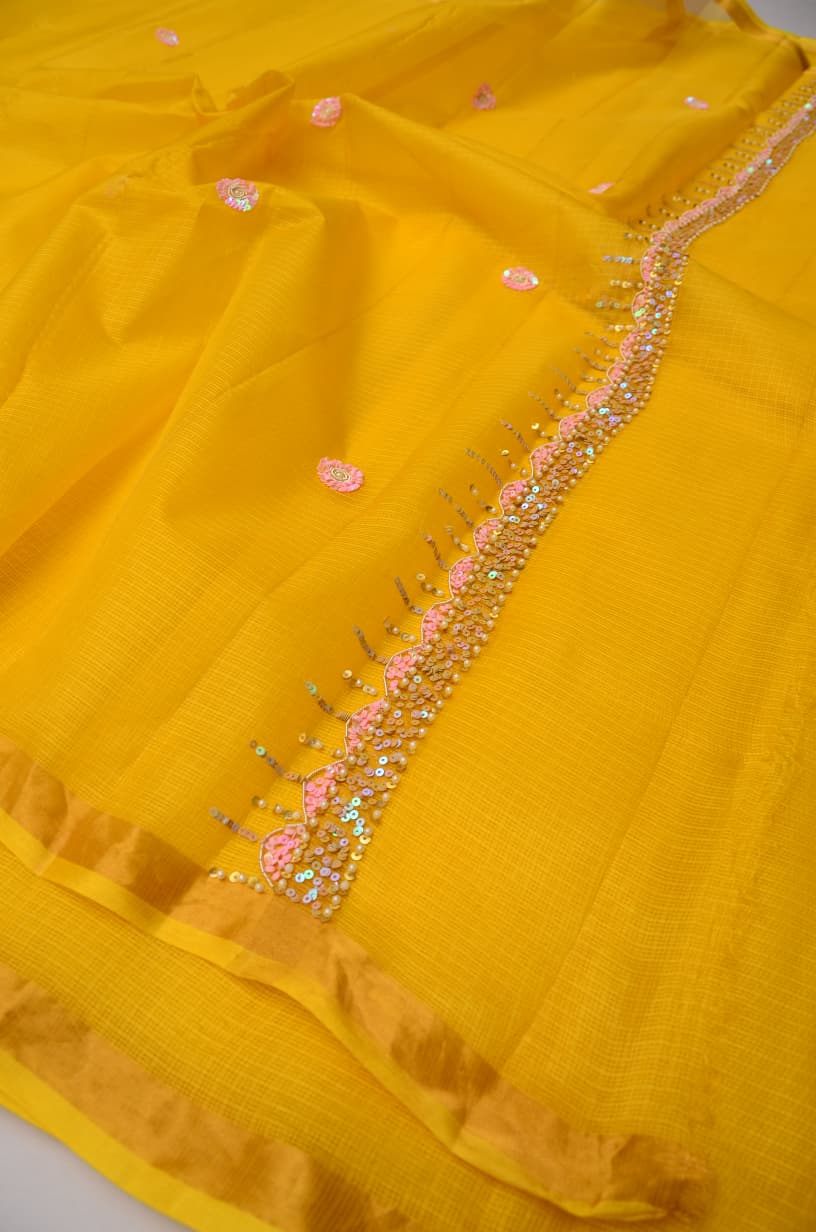 Pure Silk Kota Doria Hand Work Saree